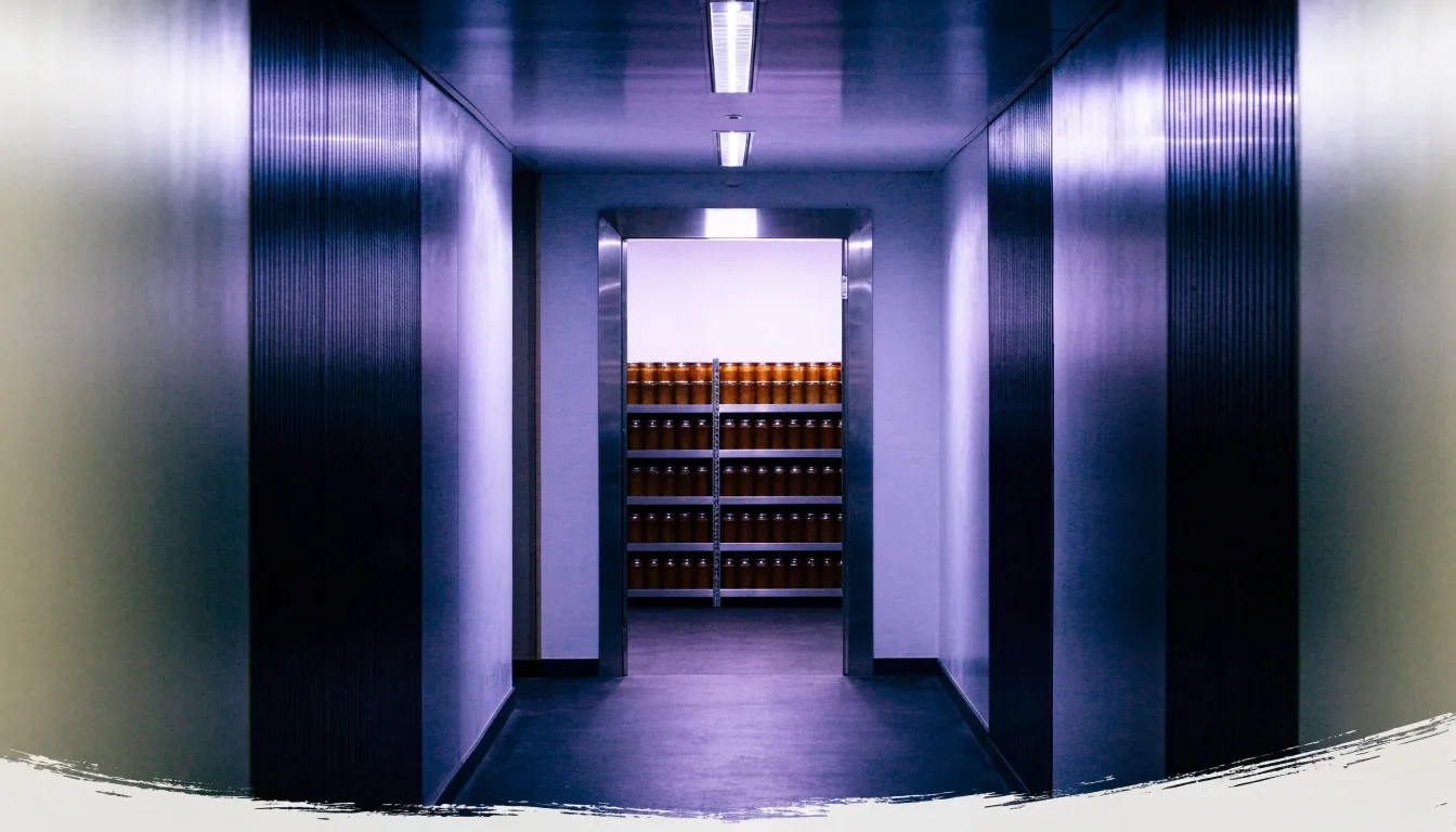 Open doorway at the end of a cool-lit corridor with amber jars visible on shelves through the opening