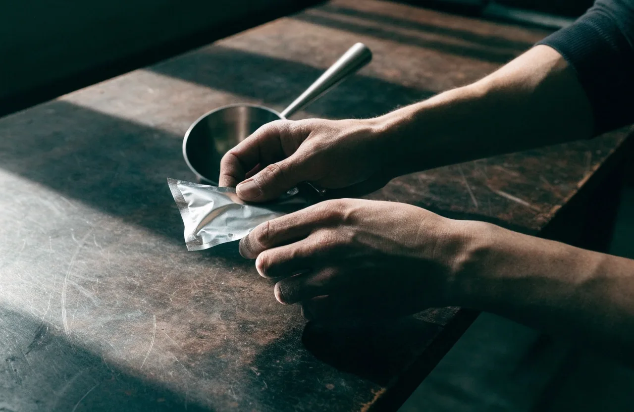 Hands turning an unlabelled foil pouch over on a workbench to check the panel