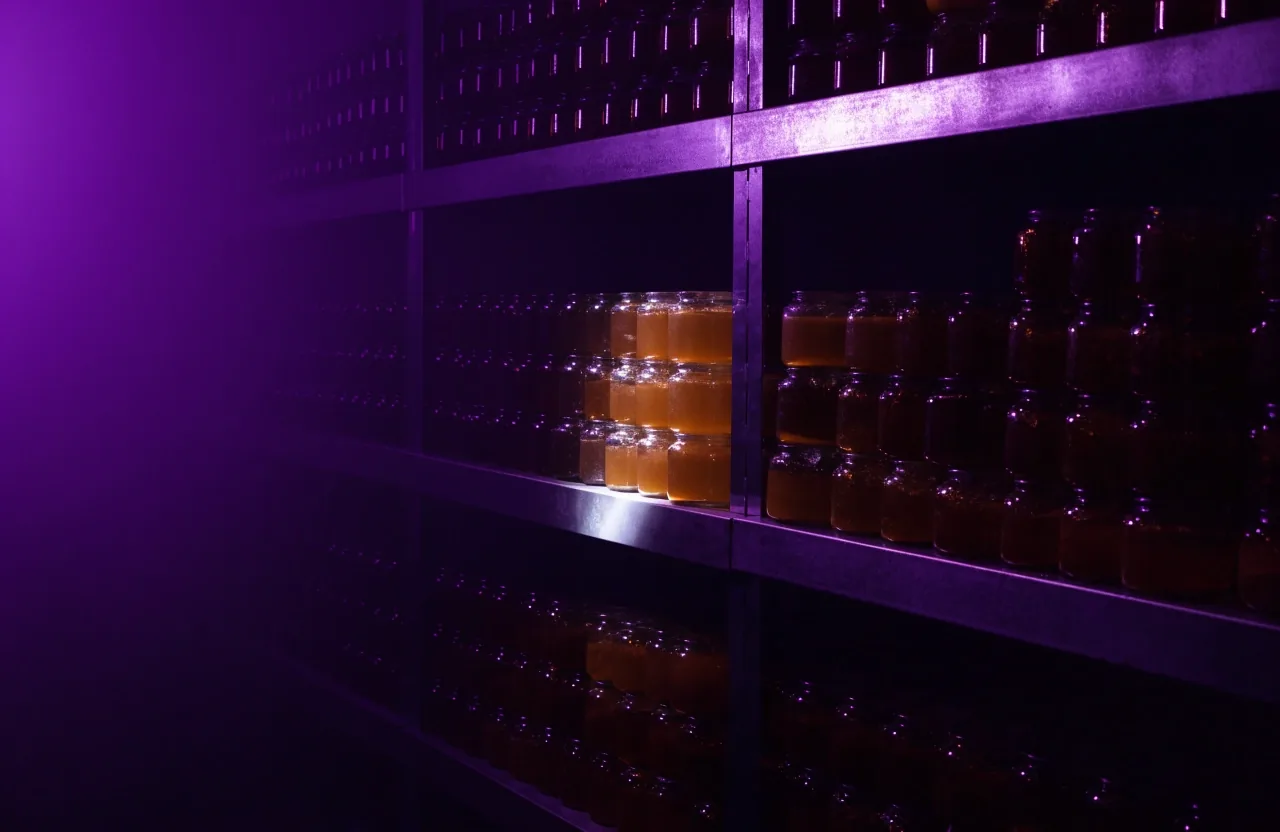 A shadowy steel shelf holding unlabelled amber jars with one raking band of cold light
