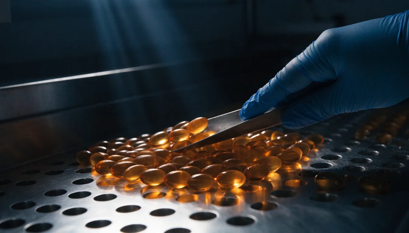 A dimly lit supplements bench with an unlabelled amber bottle, a steel scoop, and a hand adjusting it under cold sidelight