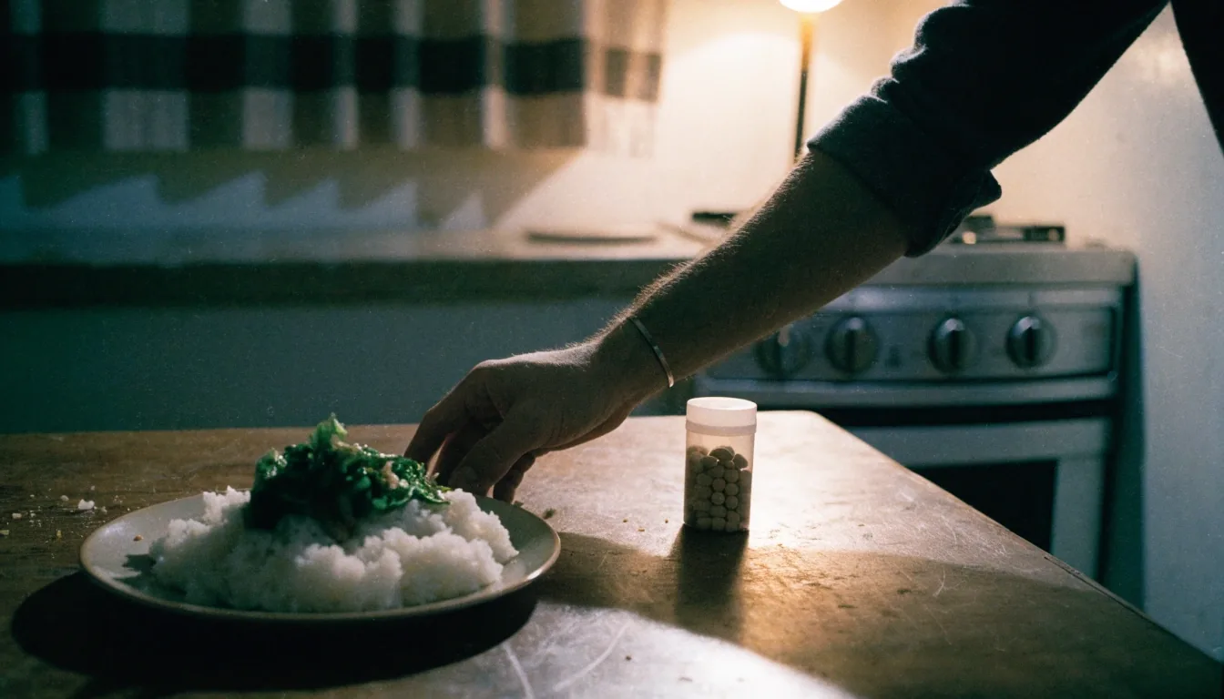 A modest evening dinner table with a supplement container beside the plate under low lamp light