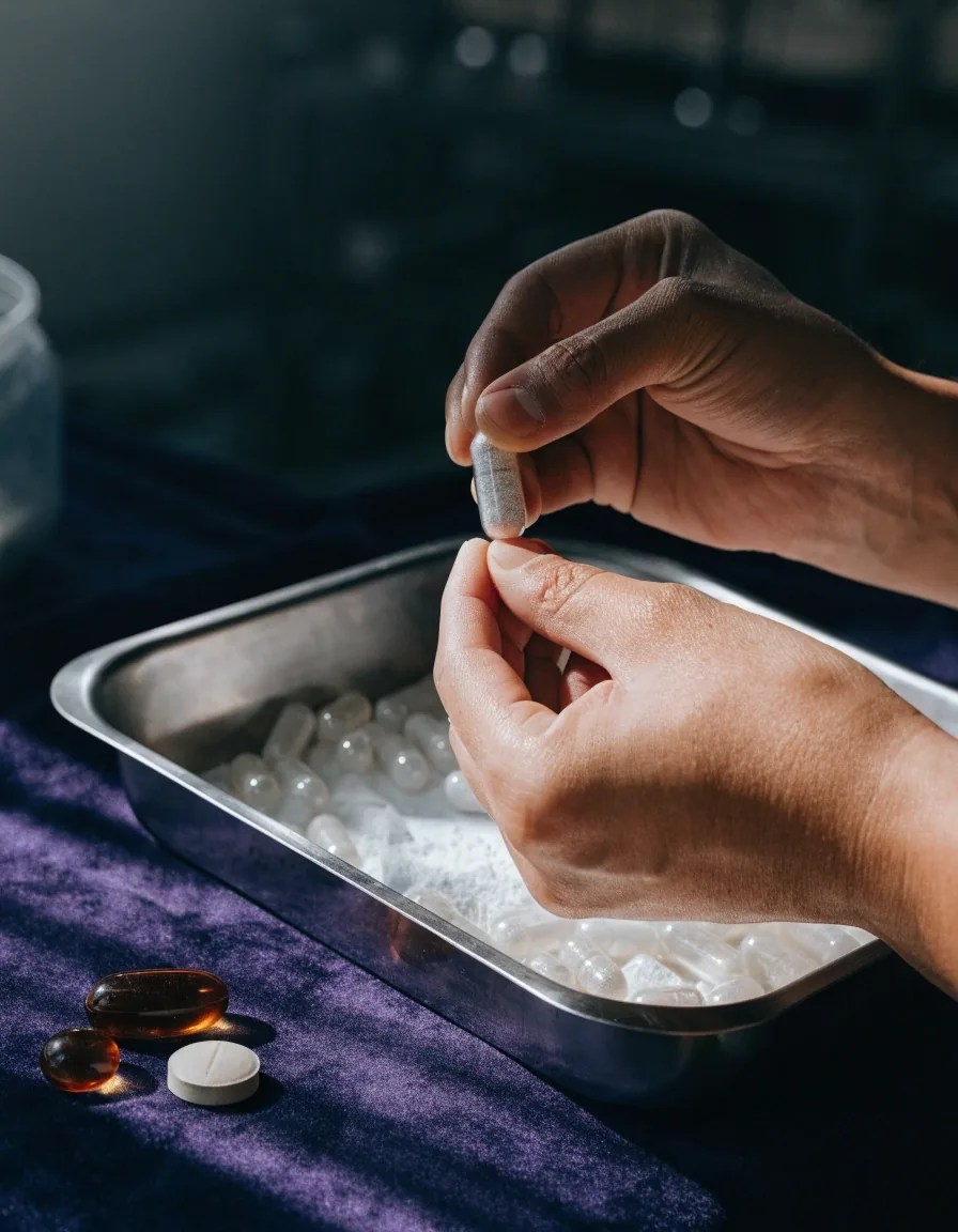 A softgel, capsule, tablet and foil sachet laid out on dark velvet under one hard light
