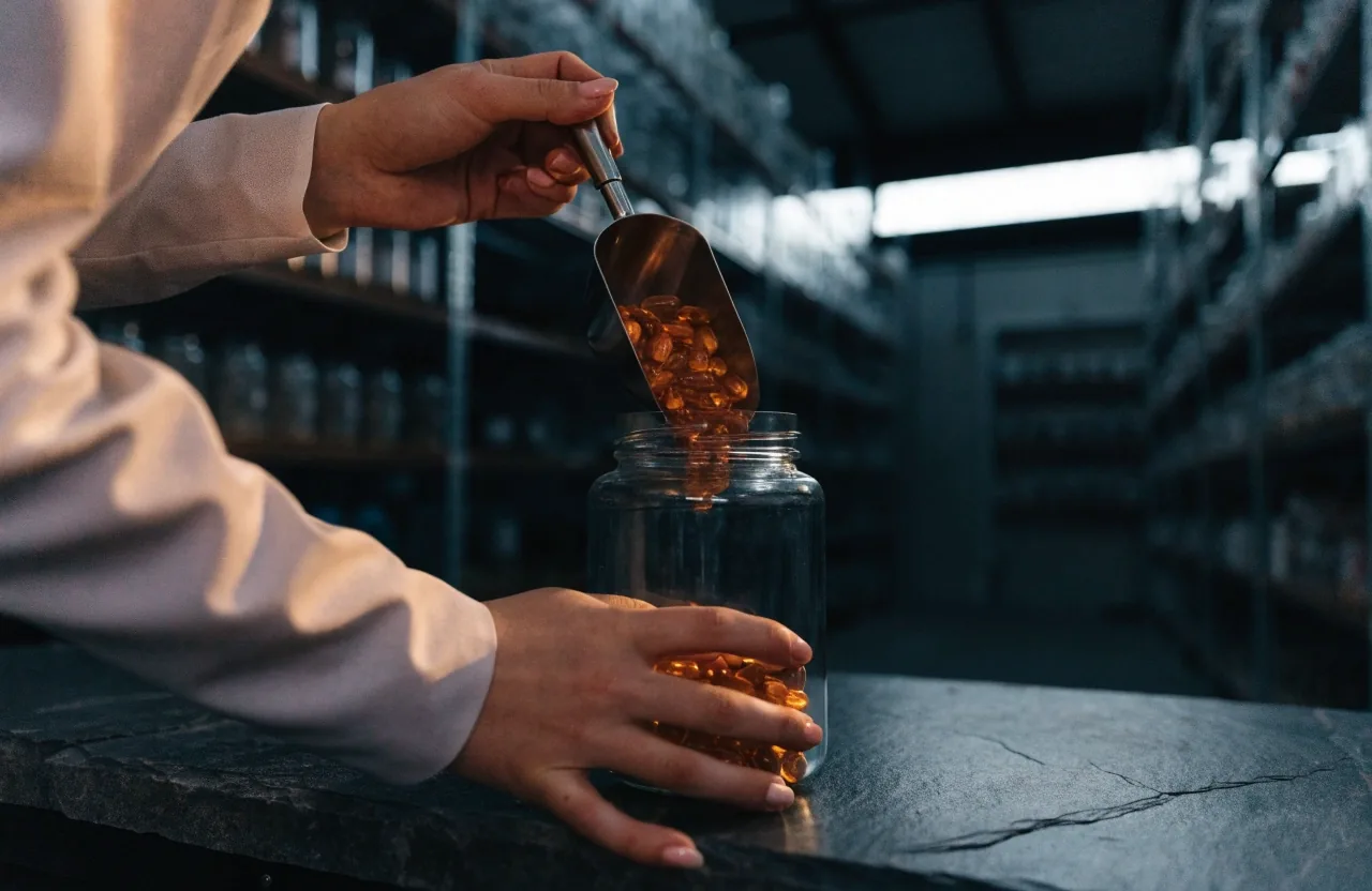 An unlabelled amber bottle, loose capsules and a steel scoop on a dark compounding bench under raking light
