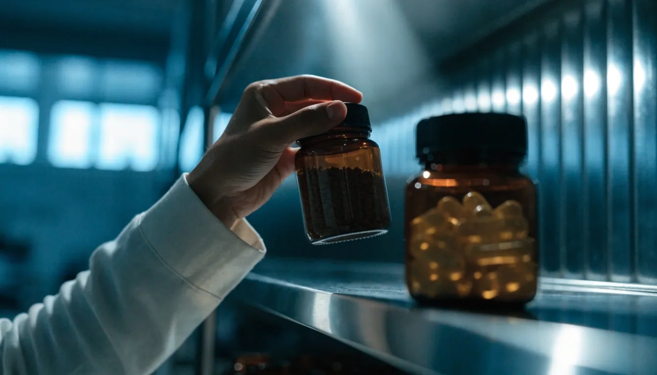 Unlabelled amber jars on a dark steel shelf with spilled mineral powder under one light band