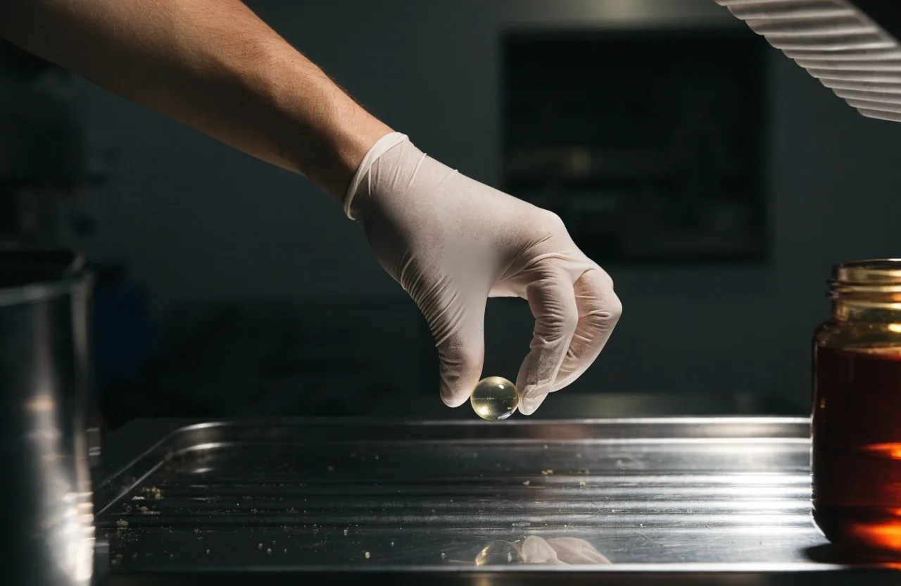 A gloved hand lifting an unlabelled amber jar of botanical extract from a steel bench in cold sidelight