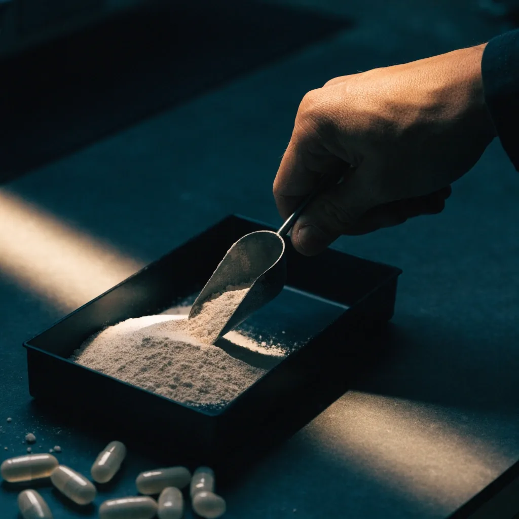 Fine mineral powder pouring from a steel scoop onto a black tray beside a few unmarked capsules