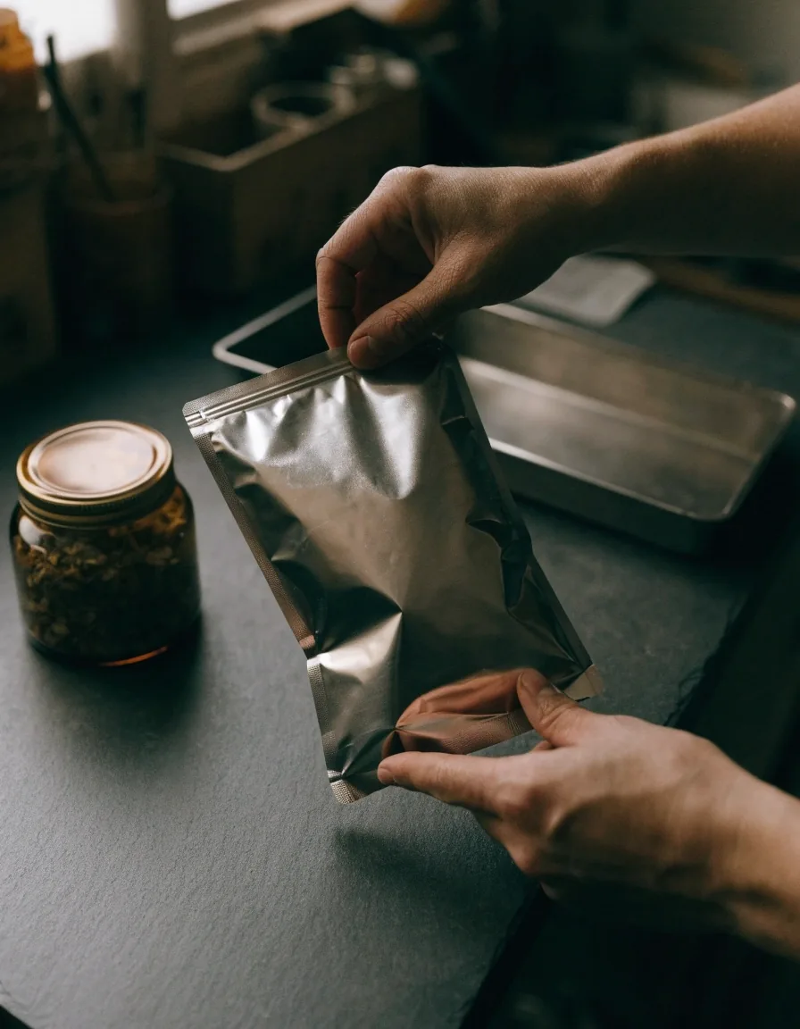 Hands turning a plain unbranded foil pouch over above a dark work surface beside an amber glass container