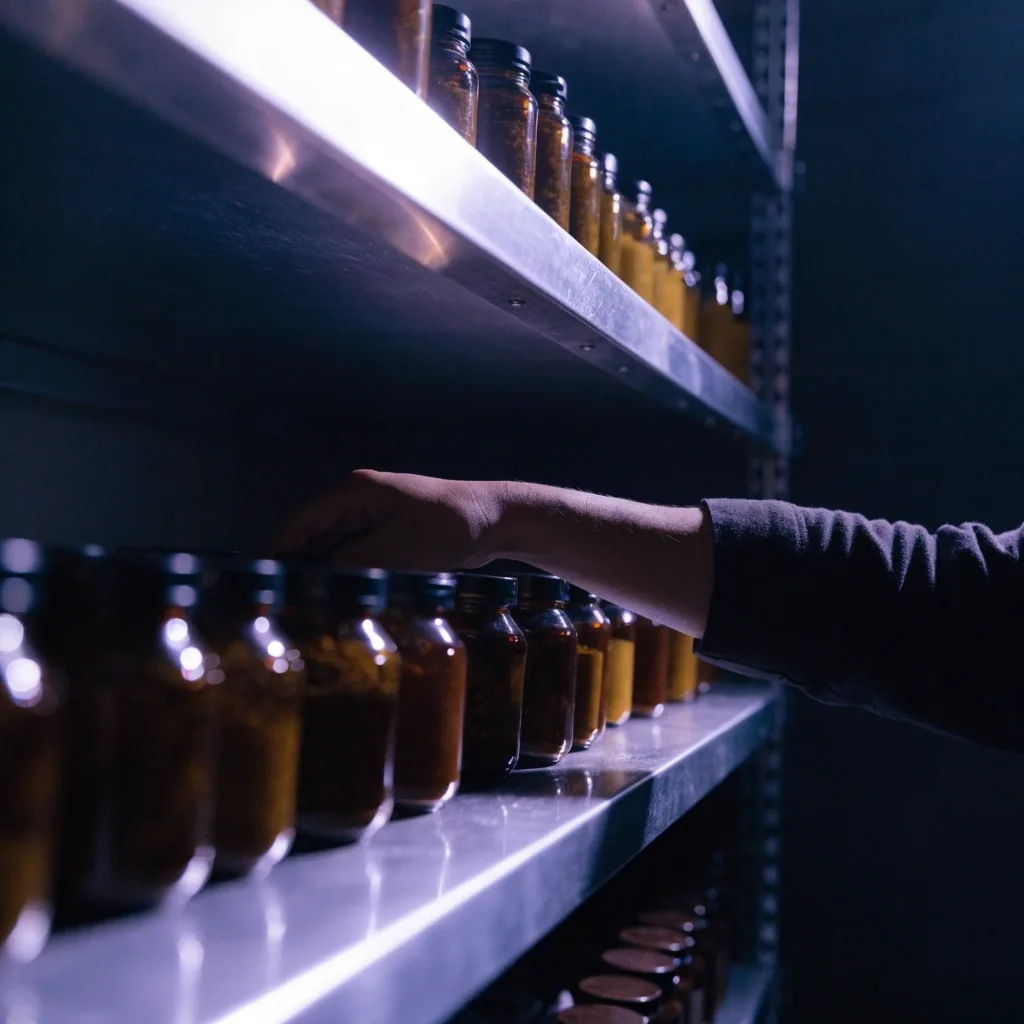 Unlabelled amber glass jars of botanical extract on a shadowless steel shelf
