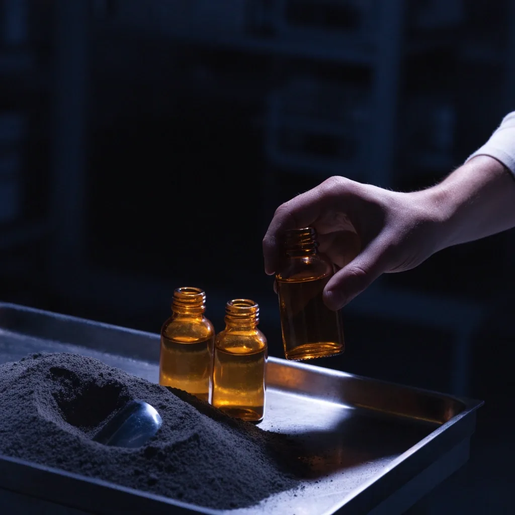 Unlabelled amber glass bottles and a scoop of mineral powder on a steel tray