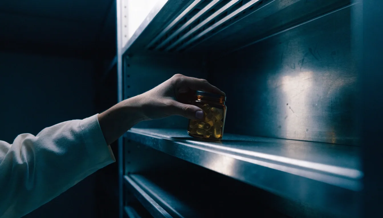 Unmarked amber glass jars on shadowless steel shelving with one band of cold light